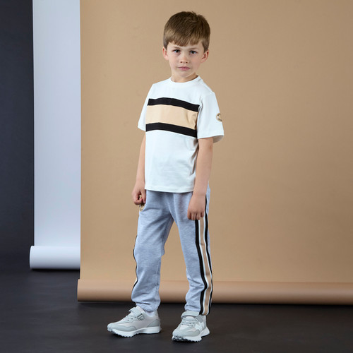 Mitch & Son Boys White Short Sleeved T-Shirt with Cut & Sew Beige & Black Panel with Logo Badge - LIAM (MS25614)