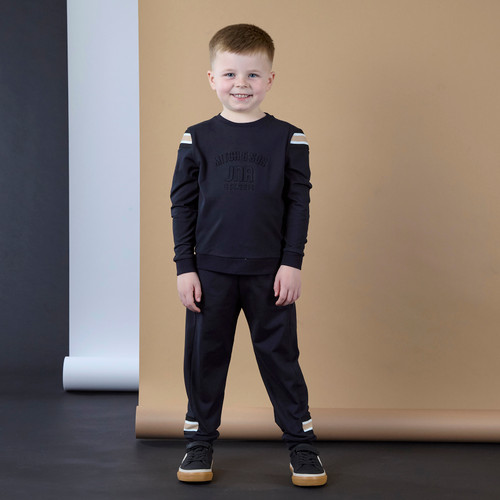 Mitch & Son Boys Black Embossed Crewneck Tracksuit with Striped Design on Sleeves & Legs - LUIS (MS25605)