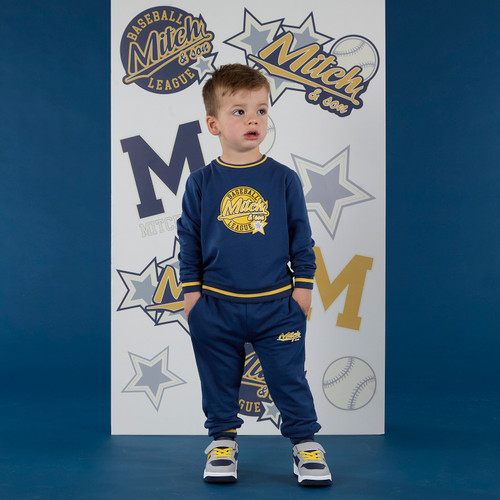 Mitch & Son Boys Navy Baseball Crewneck Tracksuit with Striped Collar & Cuffs & Logo on Chest  - KING (MS25511)
