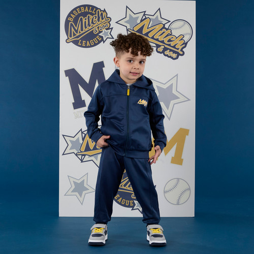 Mitch & Son Boys Navy Knitted Poly Zipper Tracksuit with Cosy Hood & Logo Design on Chest & Leg - KEV (MS25506)