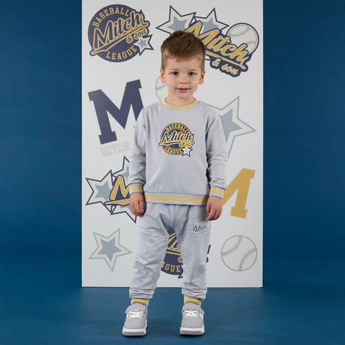 Mitch & Son Boys Grey Baseball Crewneck Tracksuit with Striped Collar & Cuffs & Logo on Chest  - KING (MS25511)