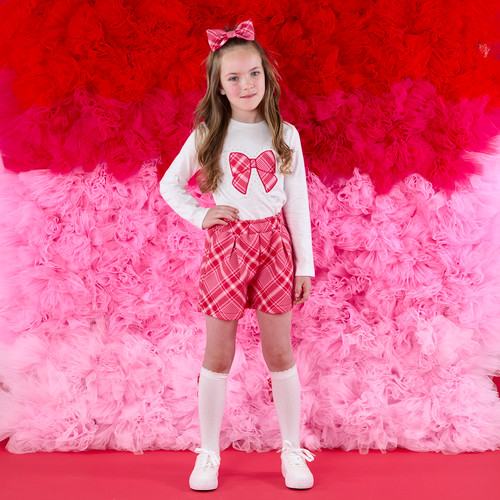 ADEE Girls White Top with Red Checked Bow & Matching Red Checked Shorts - LEXI (W251508)