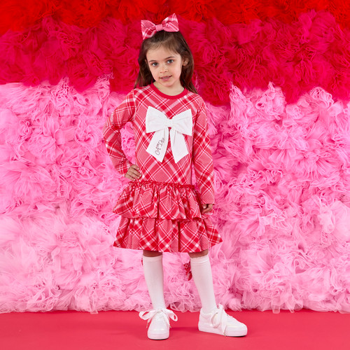 ADEE Girls Red Checked Dress with White Bow on Front & Frilled Skirt - LIBERTY (W251704)