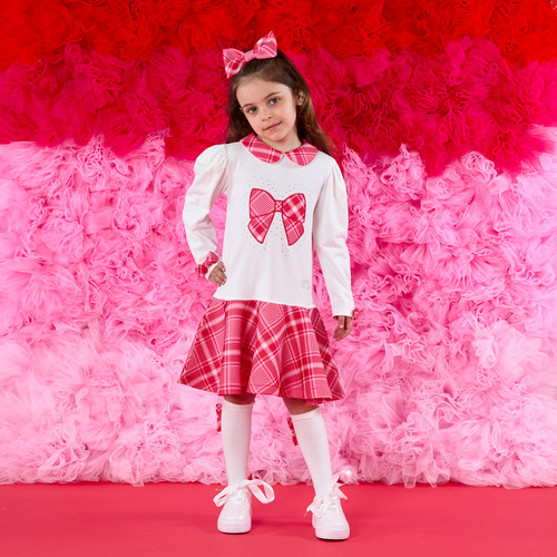 ADEE Girls White Dress with Red Checked Peter Pan Collar, Bows and Skirt - LOTTIE (W251703)