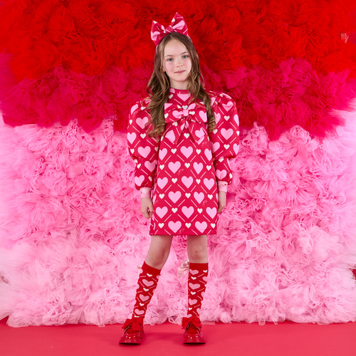 ADEE Girls Red Heart Printed Dress with Large Bow on Front - LIBBY (W251705)