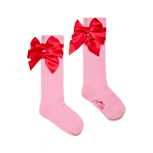 ADEE Girls Pink Knee High Socks with Double Red Bows - LUCY (W251904)
