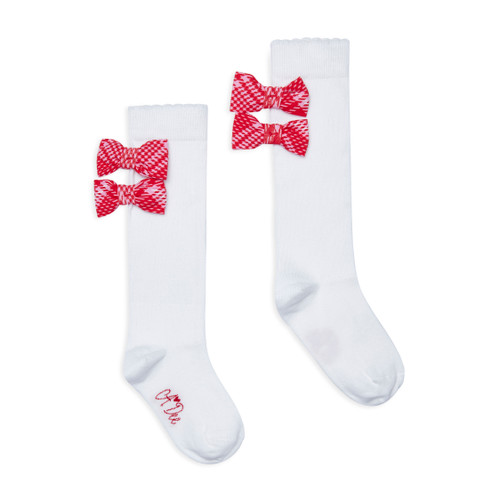 ADEE Girls White Knee High Socks with Double Red Checked Bows - LANDON (W251905)