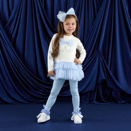 ADEE Girls Off-White Top with Blue Bow and Tulle Frills & Matching Blue Leggings - MILA (W253522)