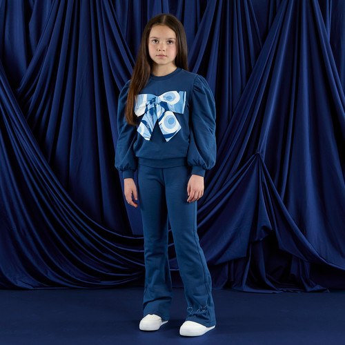 ADEE Girls Navy Flared Tracksuit with Large Swirl Printed Bow on Front - LUNA (W253523)