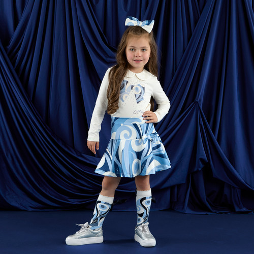 ADEE Girls Off-White Collared Top with Blue swirl Printed Bow & Matching Blue Swirl Skirt - NELLIE (W253528)