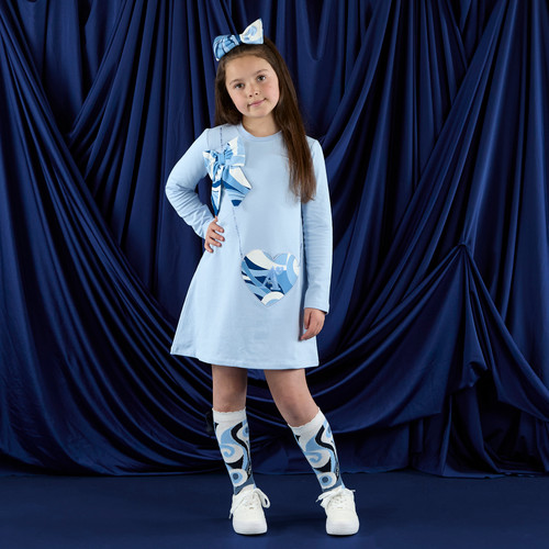 ADEE Girls Blue Jersey Dress with Swirl Printed Shoulder Bow and Heart Shaped Handbag Print - LOTUS (W253714)