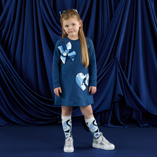 ADEE Girls Navy Jersey Dress with Swirl Printed Shoulder Bow and Heart Shaped Handbag Print - LOTUS (W253714)