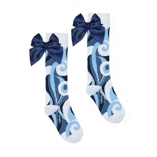 ADEE Girls Blue Swirl Print Knee High Socks with Blue Bow - NIEVE (W253931)