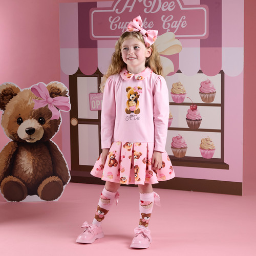 ADEE Girls Pink Dress with Bear on Front & Bear Printed Skirt & Collar - MEADOW (W252709)