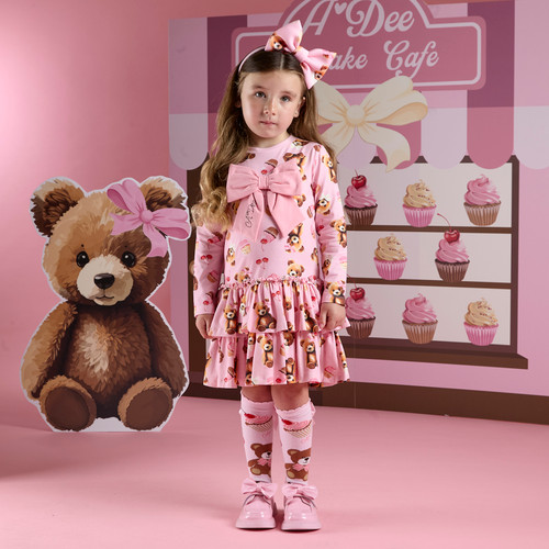 ADEE Girls Pink Bear Printed Dress with Triple Frilled Skirt and Front Bow Detail - LIBERTY (W252513)