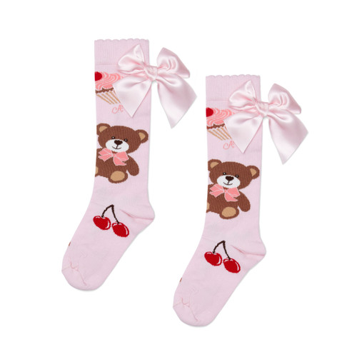 ADEE Girls Pink Bear Printed Knee High Socks with Pink Bow - MILIANA (W252914)