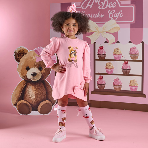 ADEE Girls Pink Sweat Dress with Bear on Front & Pink Bow on Skirt - MICHELLE (W252711)