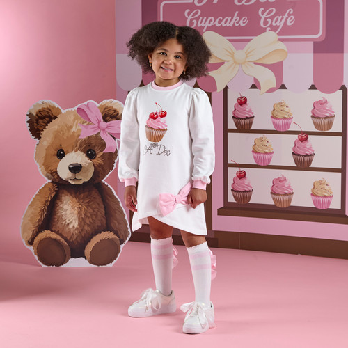 ADEE Girls White Sweat Dress with Pink Bow on Skirt - MICHELLE (W252711)