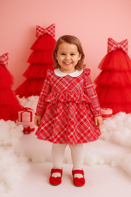 Little A Girls Red Checked Dress with Frill & Peter Pan Style Collar - KYLIE (LA25407)
