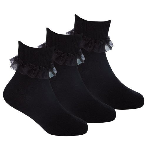BAY 6 - 43B858 Girls Black Frilly Lace School Sock - 3 Pack