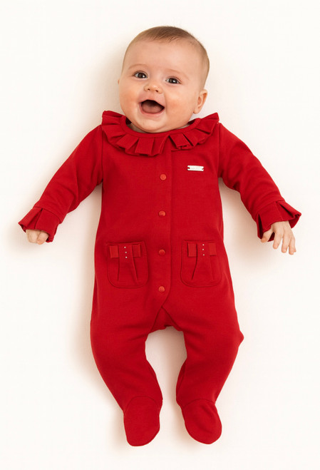 Mintini Girls Red All-in-One with Pleated Collar & Cuffs and Diamante Detailing on Pockets. MB6762
