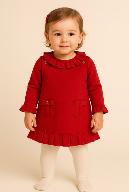Mintini Girls Red Top & Pinafore Set with Pleated Collar, Cuffs & Hem and Diamante Detailing on Pockets. MB6764