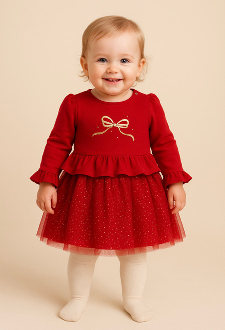 Mintini Girls Red Dress with Glittered Gold Bow & Pearl Front, Frilled Waist & Glitter Sparkle Tulle Skirt. MB6818