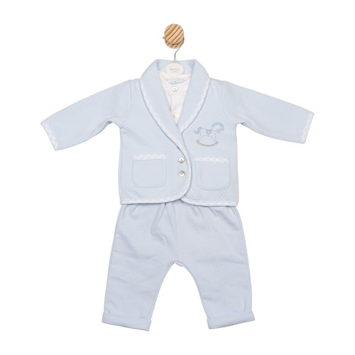 Mintini Boys Blue 3 Piece Set with Trousers, Top & Collared Jacket with Rocking Horse and Checked Trim Detail. MB6561