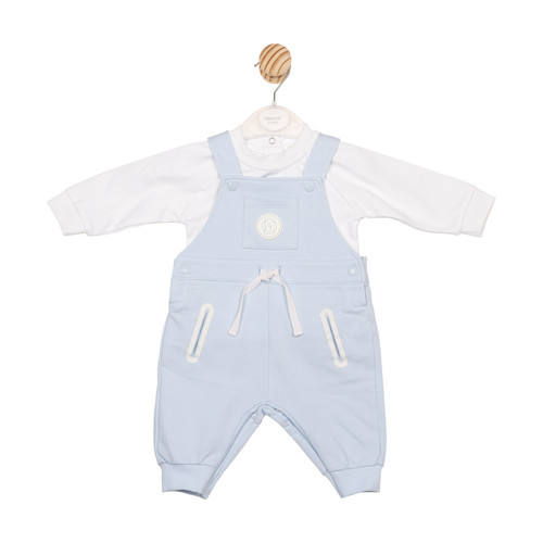 Mintini Boys Blue Dungaree with White Front Ties, Badge & Pocket Trim Detail & Matching White Long Sleeved Top. MB6658