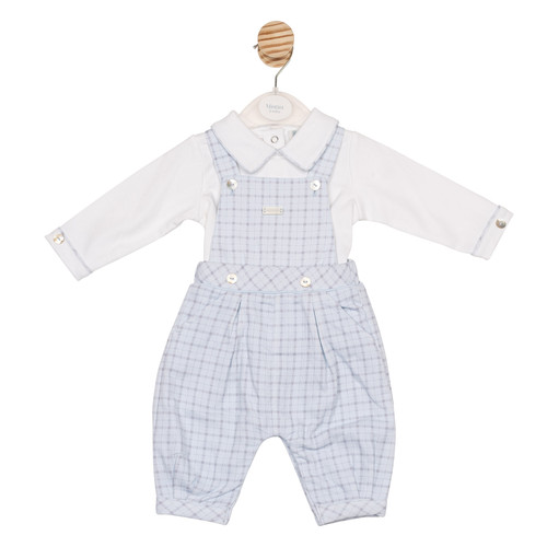 Mintini Boys Blue Checked Dungaree & White Long Sleeved Top with Matching Checked Collar and Cuff Detail. MB6591