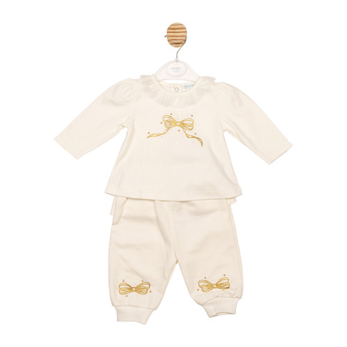 Mintini Girls Ivory Top & Jogpant Set with Glittered Gold Bow & Pearl Front and Tulle Collar. MB6812