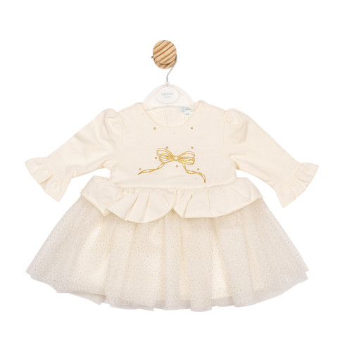 Mintini Girls Ivory Dress with Glittered Gold Bow & Pearl Front, Frilled Waist & Glitter Sparkle Tulle Skirt. MB6809
