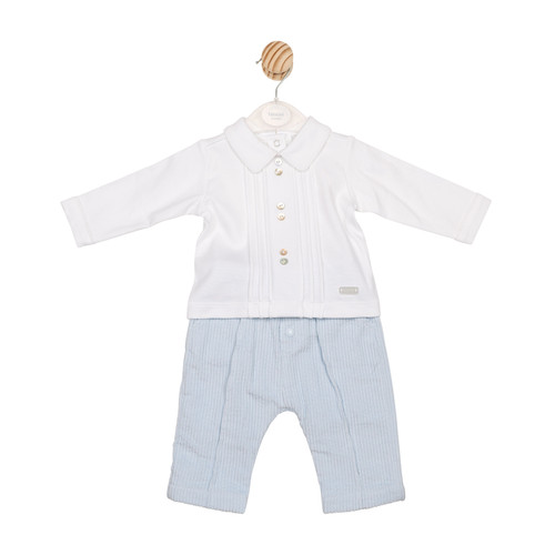 Mintini Boys White/Blue Trouser Set with Blue Ribbed Trousers and Matching White Long Sleeved, Collared Top with Button Detail. MB6565
