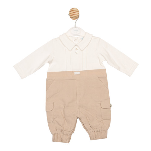 Mintini Boys Ivory/Beige Romper with Beige Trousers & Collared Ivory Long Sleeved Top. MB6620