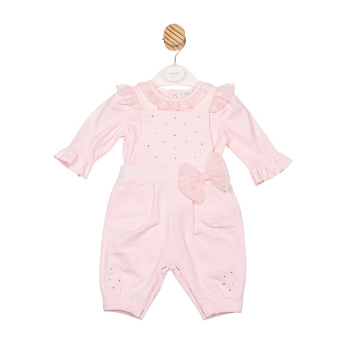 Mintini Girls Pink Top & Dungaree Set with Diamante Front Detail and Tulle Shoulder, Collar & Bow at Waist. MB6774