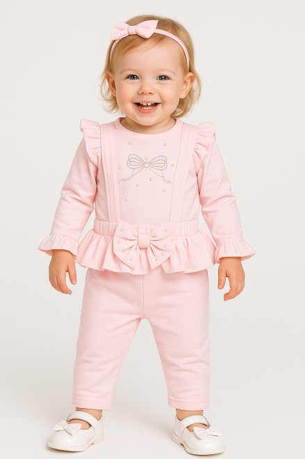 Mintini Girls Pink Top & Dungaree Set with Glittered Gold Bow & Pearl Front and Frilled Waist, Shoulder & Cuff Detail. MB6801