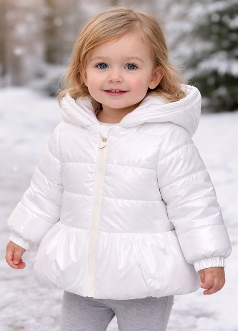 Mintini Girls White Silky Padded winter Coat with Hood. MB6531