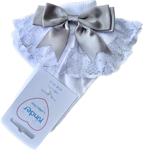 Kinder Frilly Bow Socks White/Grey 8556