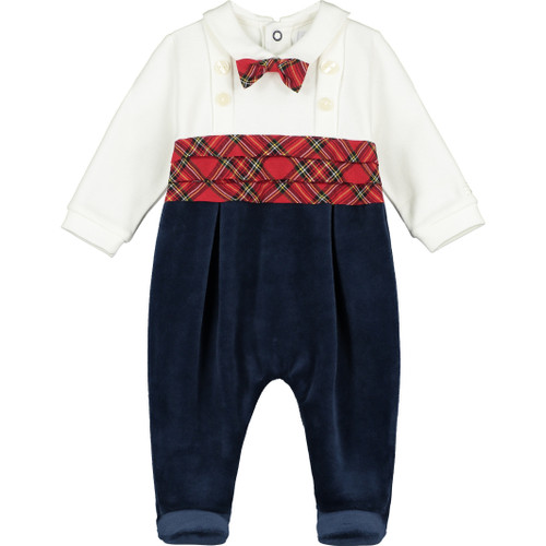Emile et Rose - Callan - Baby Boys Cream and Navy Baby Grow with Tartan Cummerbund and Bow Tie