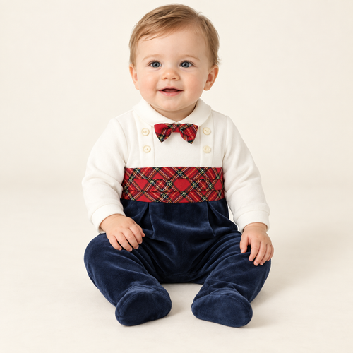Emile et Rose - Callan - Baby Boys Cream and Navy Baby Grow with Tartan Cummerbund and Bow Tie