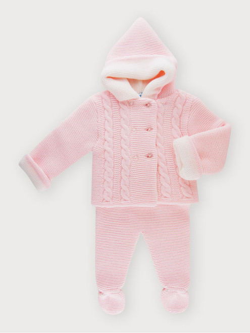 Sardon 025V-313 Knitted Baby 2 Piece Set Hooded Coat and Trousers - Pink