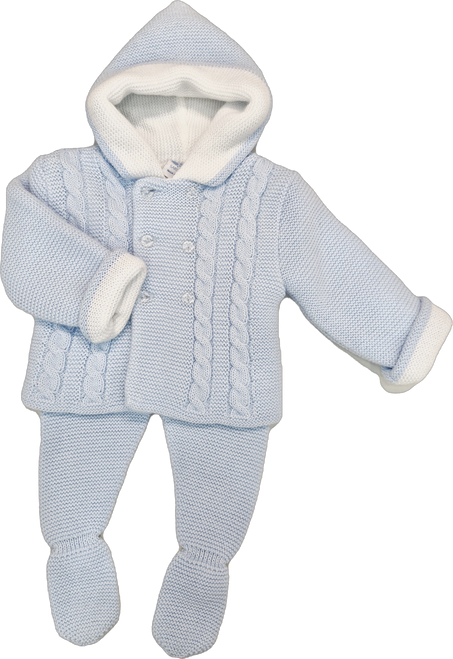 Sardon 025V-313 Knitted Baby 2 Piece Set Hooded Coat and Trousers - Blue