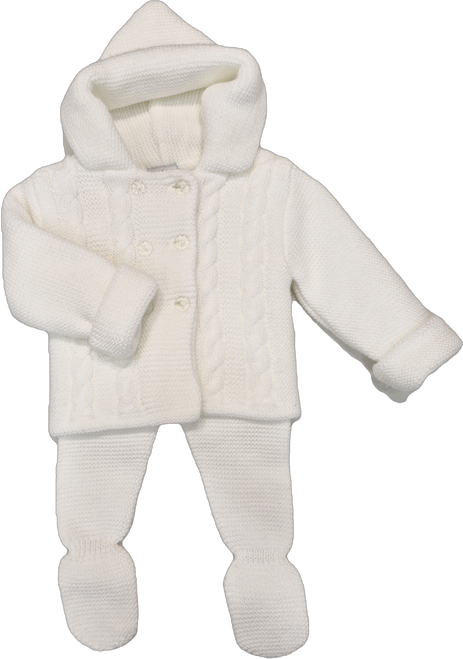 Sardon 025V-313 Knitted Baby 2 Piece Set Hooded Coat and Trousers - White