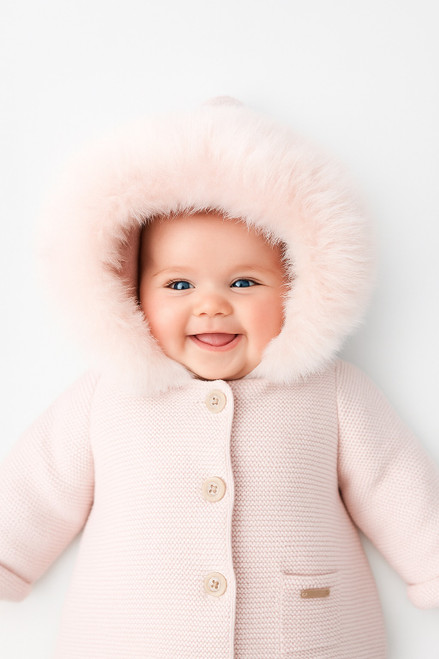 Martin Aranda 018-10275 Knitted Coat with Faux Fur Trim Hood  - Pink
