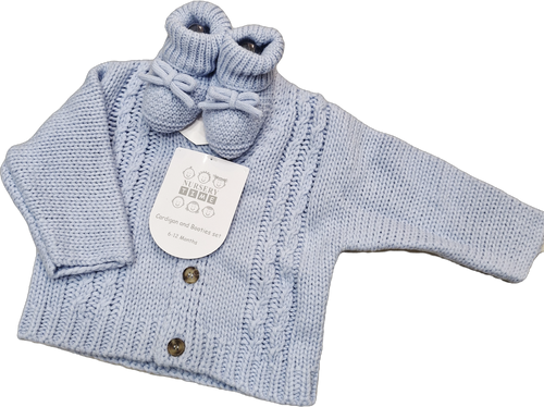 Nursery Time Baby Boys Knitted Chunky Cardigan and Booties Set - 1221 - Blue