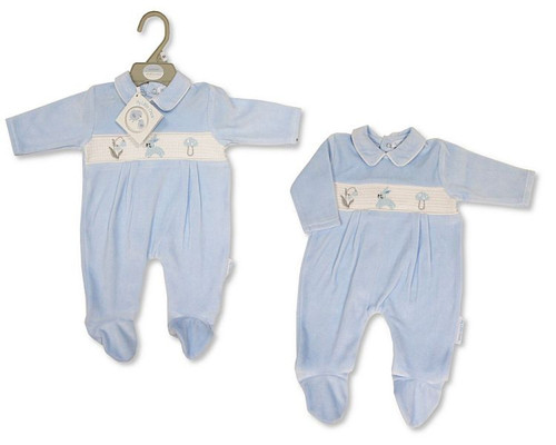 My Little Chick Baby Boys Velour Babygrow with Smocking - Bunny - 390