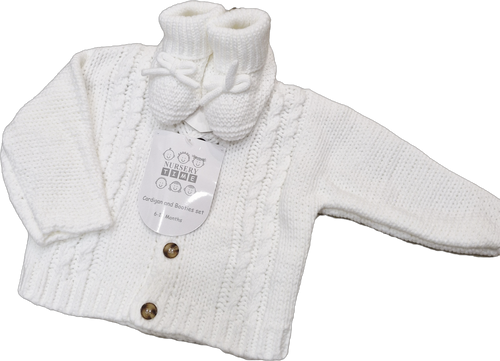 Nursery Time Baby Boys Knitted Chunky Cardigan and Booties Set - 1221 - White