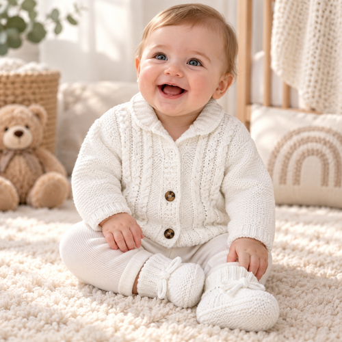 Nursery Time Baby Boys Knitted Chunky Cardigan and Booties Set - 1221 - White