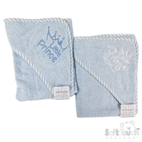 Soft Touch HT13 Hooded Baby Towel with Striped Trim and "Little Prince" Embellished Blue/Blue