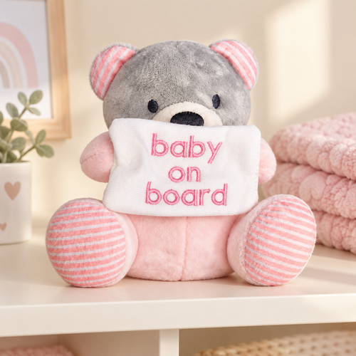 Nursery Time Soft Toy with ' Baby on Board ' Sign - Pink - 0869